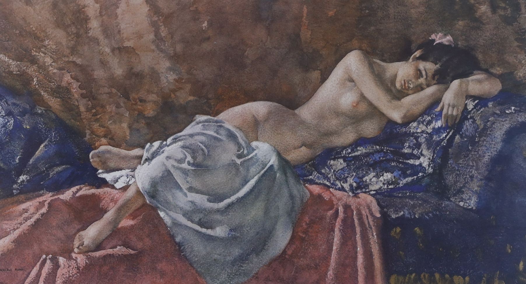 William Russell Flint, four assorted limited edition prints, 'Roxanne, France', 'Sara', 'Reclining Nude 2' and 'The Shower' and a colour reprint, largest 42 x 65cm